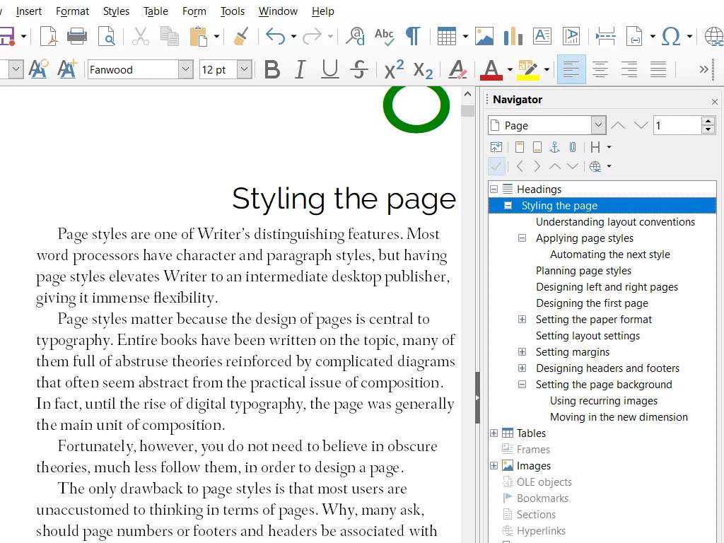Интерфейс LibreOffice Writer: документ, панель форматирования и открытый Навигатор